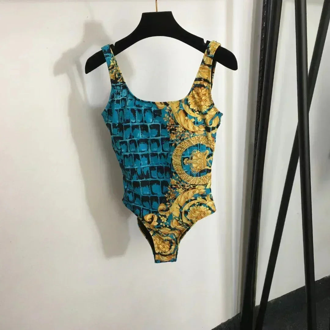 Luxury Design Women's One-piece Swimsuits Crocodile Retro Flower Pattern Sexy Camisole Swimwear Fashion Brand Women's Beachwear