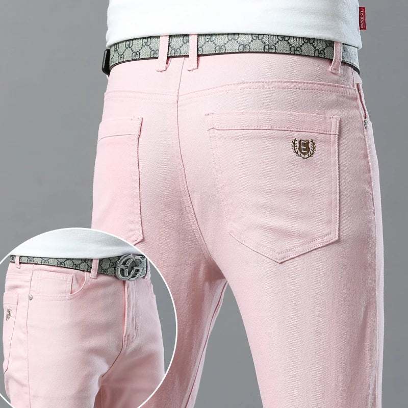 Classic Men's Regular Fit Pink Red Yellow Jeans Business Fashion Denim Advanced Stretch High Quality Cotton Trousers Male Pants