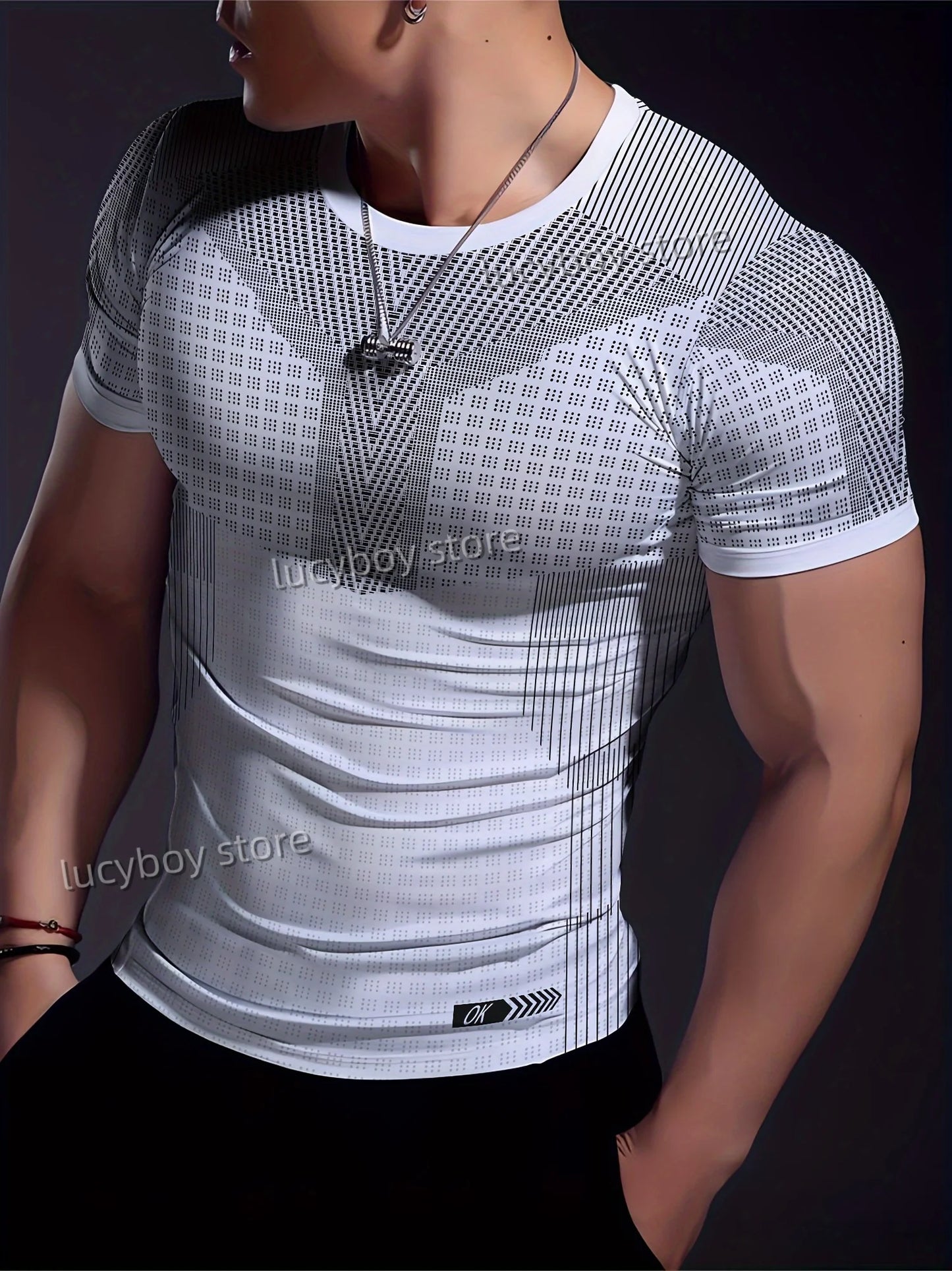 Men's Sports Gym T Shirt Muscle Training Tees Short Sleeve Tees Quick Drying stripes print Men Oversized Tops Men Clothing