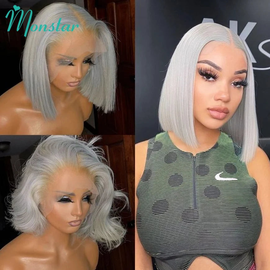 13x6 HD Transparent Grey Lace Front Wigs Human Hair Grey Bob Wig Brazilian Bone Straight 613 Blonde Lace Frontal Human Hair Wigs