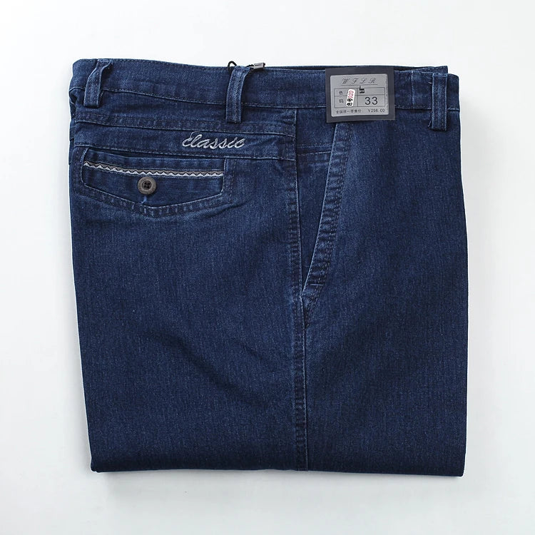 Size 30-45 Men Business Jeans Classic Male Stretch Jeans Plus Size Baggy Straight Men Denim Pants Cotton Blue Work Jeans Men