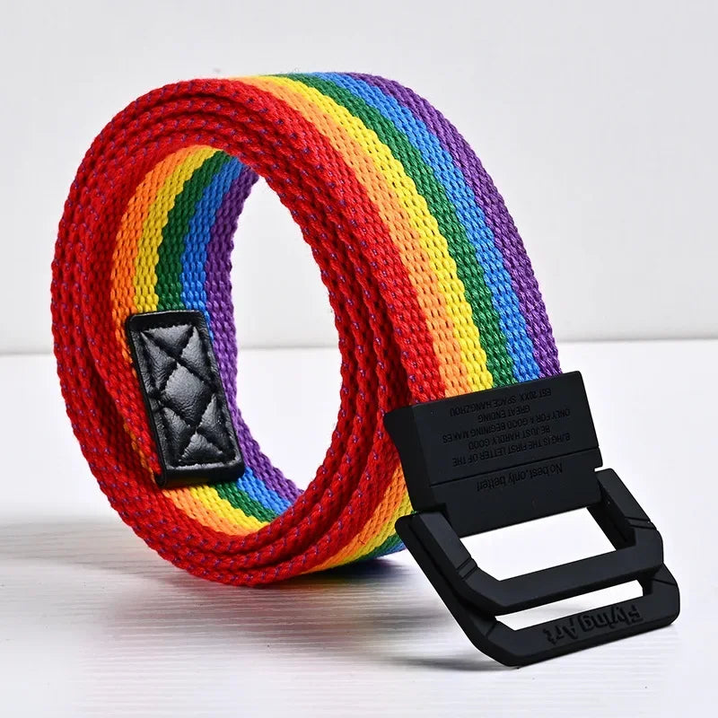Unisex Canvas Women Rainbow Stripe Belt  Metal Double Ring Buckle Jeans  Student - Designer Belt for Men