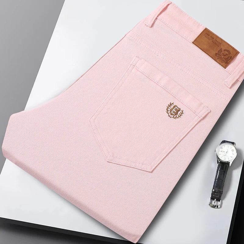 Classic Men's Regular Fit Pink Red Yellow Jeans Business Fashion Denim Advanced Stretch High Quality Cotton Trousers Male Pants