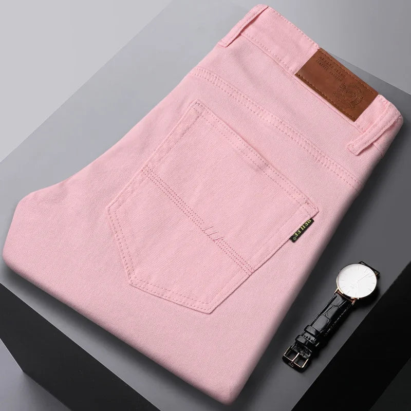 New High Quality Men's Trend Yellow Red White Jeans 2024 Spring Autumn Male High Waist Casual Pants Classic Brand Denim Trousers
