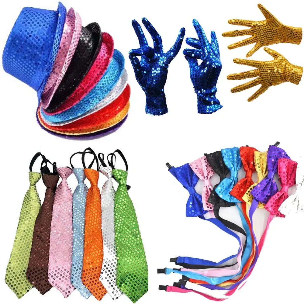 Fashion Boy Girl Men Woman Sequin Hat Bow Tie Gloves Cowboy Birthday Party Cap Jazz Dance Show Props Costume  Wedding Festival