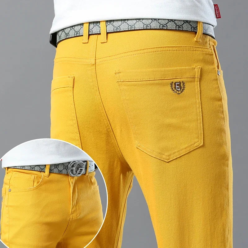 Men's Straight Pink Jeans High Quality Design Fashionable Denim Pants Stretch Slim Casual Youth Streetwear Male Yellow Red