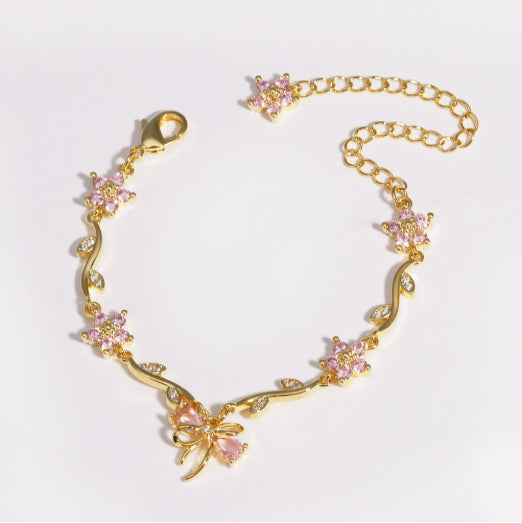 Copper Bracelet With Zirconia-Inlaid Heart-Shaped Flower And Butterfly Design
