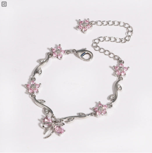 Copper Bracelet With Zirconia-Inlaid Heart-Shaped Flower And Butterfly Design