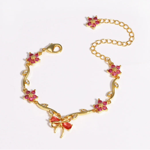 Copper Bracelet With Zirconia-Inlaid Heart-Shaped Flower And Butterfly Design