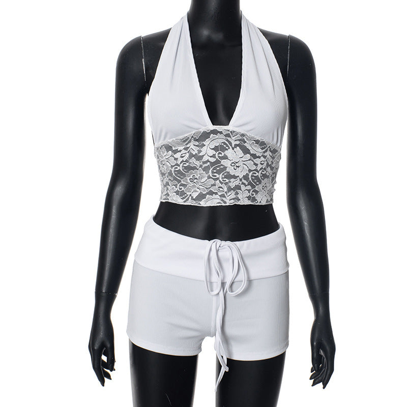Lace Stitching Halter Top Drawstring Shorts Two-piece Set