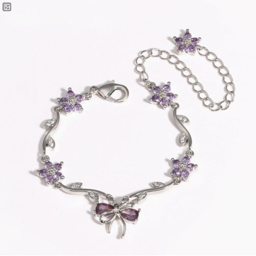 Copper Bracelet With Zirconia-Inlaid Heart-Shaped Flower And Butterfly Design